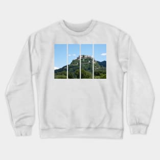 Burg Hochosterwitz. A shot on the move from the driver window of an electric car. Sunny summer day. POV first person view shot on a mountain road. Austria Crewneck Sweatshirt